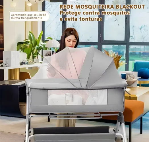 Berço Portátil Moises Mosquiteiro Co-bed Regulagem de Altura Cinza