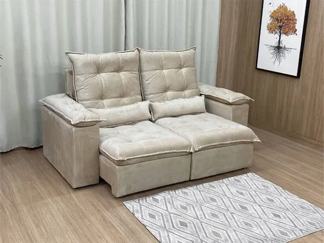 Sofá Retrátil 2 Lugares 200cm Veludo Bege