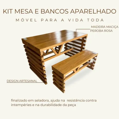 conjunto mesa e bancos aparelhados madeira maciça peroba rosa