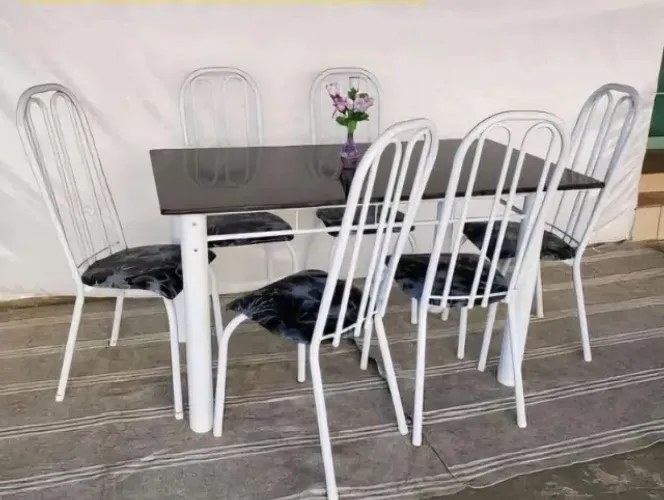 Conjunto Mesa de Jantar Natal de Ferro 4 e 6 Cadeiras Tampo de Mármore Montagem Gratis 
