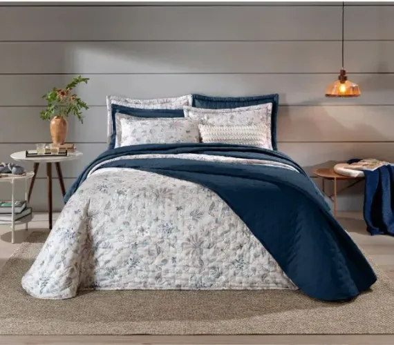 Cobre Leito Cama Casal Branco/Azul Marinho