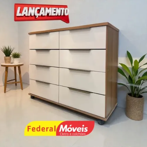 Cômoda 8 Gavetas OFF WHITE Rodízios (ENTREGA HOJE)