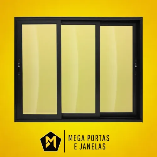 Janela Três Folhas Alumínio Preto - Linha 25 (Completa)