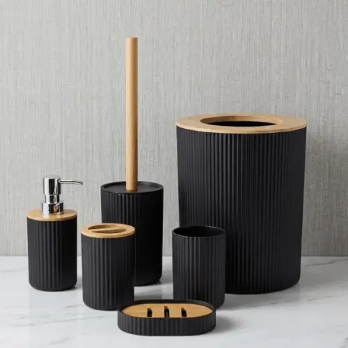 Kit Banheiro 6 Peças Preto e Bambu Texturizado