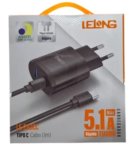  Carregador Turbo 5.1A USB/Tipo C + Cabo Tipo C Lelong LE-283CC -z1519