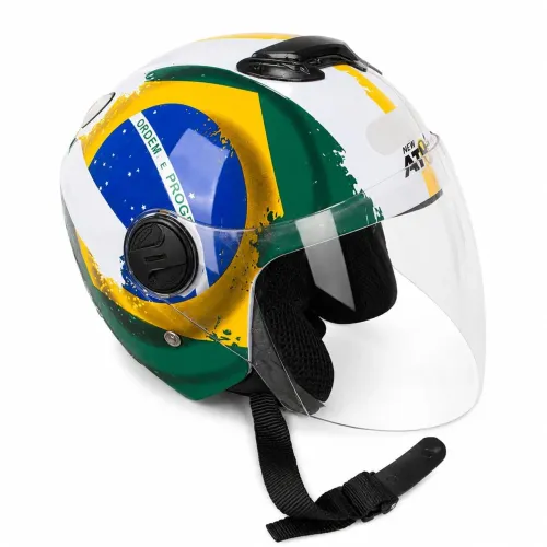 capacete aberto Pro Tork New Atomic com grafismo da bandeira do Brasil.