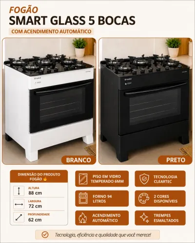 FOGÃO SMART GLASS 5 BOCAS - ACENDIMENTO AUTOMÁTICO