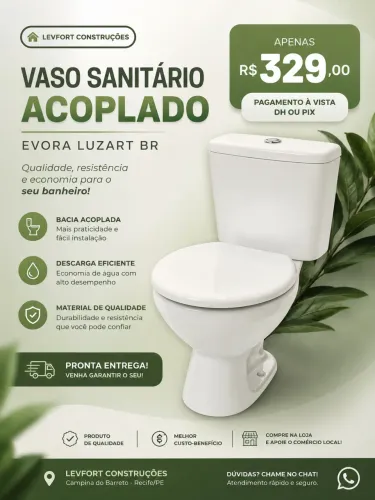 Oferta! Vaso Sanitário Acoplado Evora - Apenas R$ 329