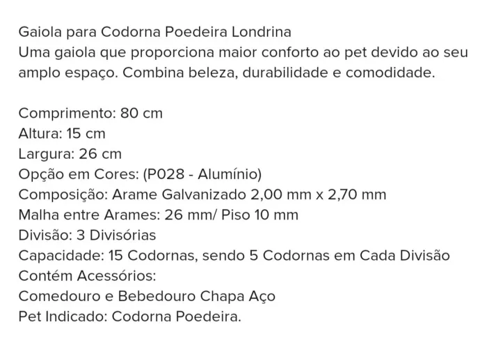 Vendo gaiola para 15 codornas - Lacrada, na caixa