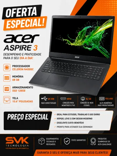 Notebook Acer Intel - 08GB Memoria - SSD - Tela 15.6 - Revenda 