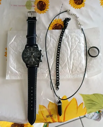 Kit Masculino, relógio + colar + Pulseira + Anel