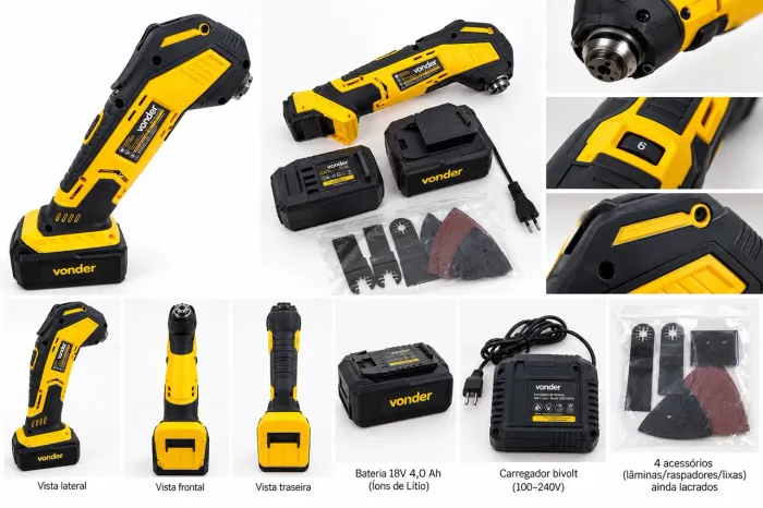 Lixadeira Multifunção Oscilante Vonder 18V + Bateria 4Ah + Carregador