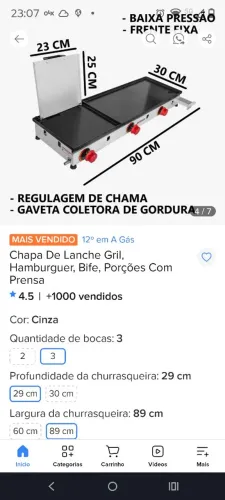 Chapa de lanche a gás