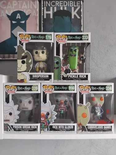 Funko Pop Rick and Morty, Birdpeson, Picke Rick, Prision Break Rick, Rick Glorzo e Daniel