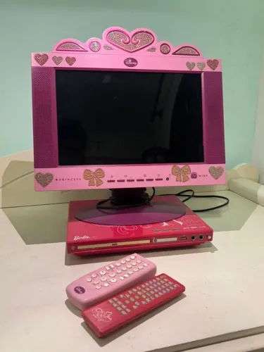 Kit TV LCD Disney 13? Rosa + DVD Player Barbie Original Retrô