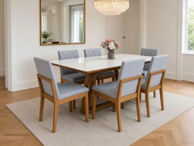 Mesa Pérola 1,60m c/ 6 Cadeiras MDF Vidro (NOVO A PRONTA ENTREGA)
