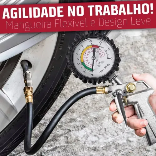 Calibrador de Pneus Pneumático Com Manômetro Bico Forte