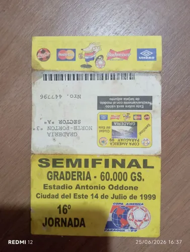 um ingresso original da semifinal da Copa América de 1999.