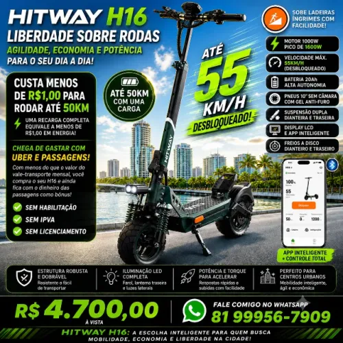 Patinete Elétrico Hitway H16 - Velocidade até 55km/h | Bateria Gigante | Pneu Antifuro