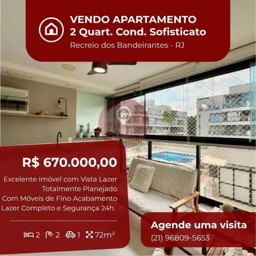 Apartamento à venda, no Sofisticato Residence, Recreio dos Bandeirantes, com 2 quartos, 72