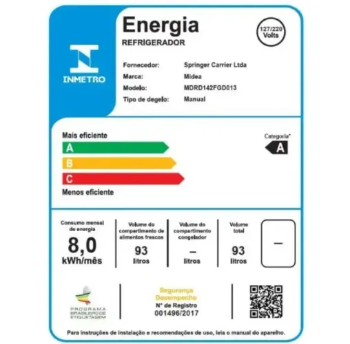 Frigobar Midea 93L Branco Inverter MDRD142FGD013