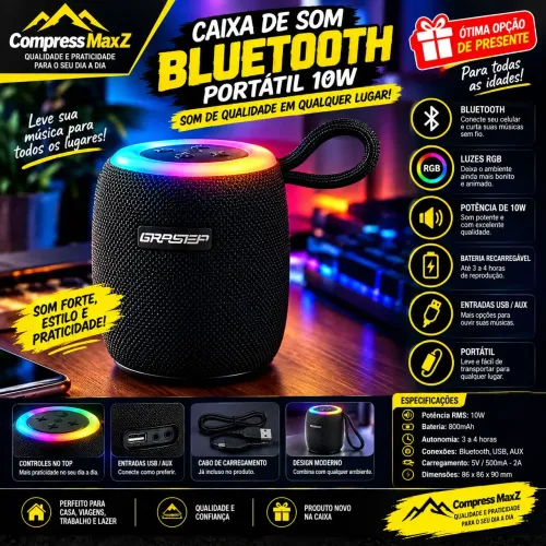 CAIXA DE SOM BLUETOOTH RGB 10W - PORTÁTIL