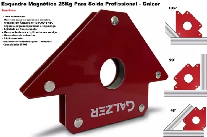 Esquadro Magnético 25Kg Para Solda Profissional 135º 90º e 45º - Galzer