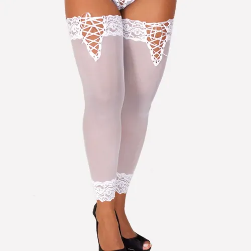 Meia 7/8 em Tule e Renda com Trançado - Dominada - Branco
