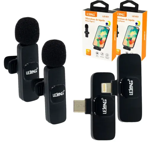 Kit Microfone Lapela duplo Sem Fio para Android USB-C e iPhone Lightning,
