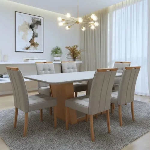 Mesa de Jantar 170 Amêndoa Clean/Off White com 6 Cadeiras em Madeira tt77