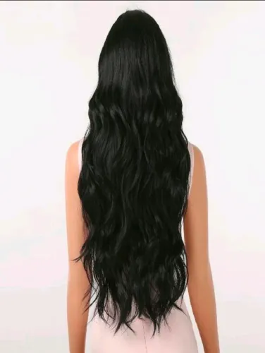 Peruca Lace Wig Ondulada Sem Franja 70cm Uso Diario Fibra Premium Preta e cola 