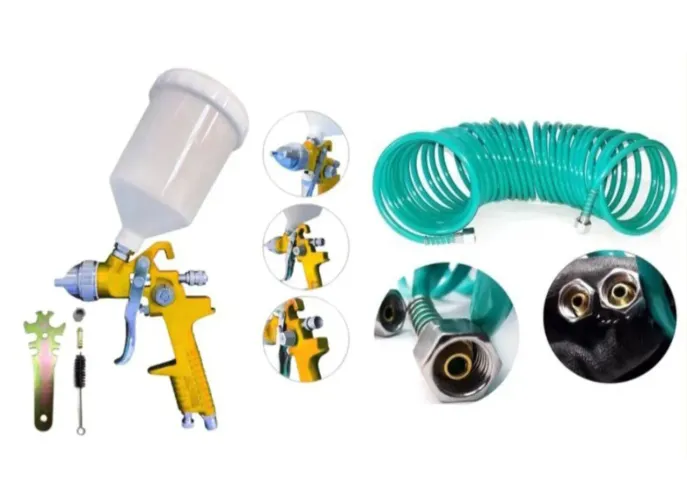 KIT PISTOLA DE PINTURA GRAVIDADE CANECA PLÁSTICA 600ML E MANGUEIRA 10M ASPIRAL 