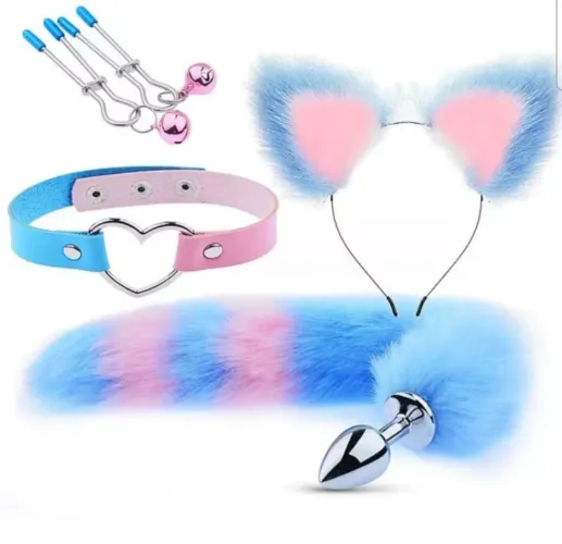 Kit Fantasia Gatinha Azul Rosa Carnaval Feminina Arco de Gatinha Cute NÃO ACEITO OFERTA! 