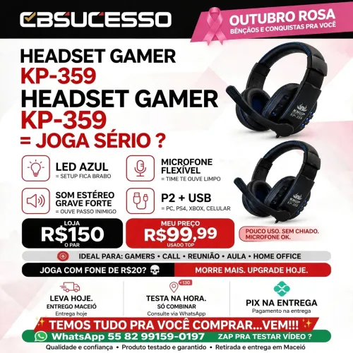 Headset Gamer Knup KP-359 Led Microfone Pc Ps4 Xbox R$99,99