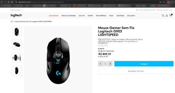 Mouse Gamer Sem Fio Logitech G903 Com Sensor Hero 25k Cor Preto
