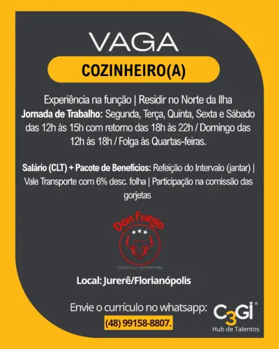 Vaga: Cozinheiro(a) - Bairro: Jurerê