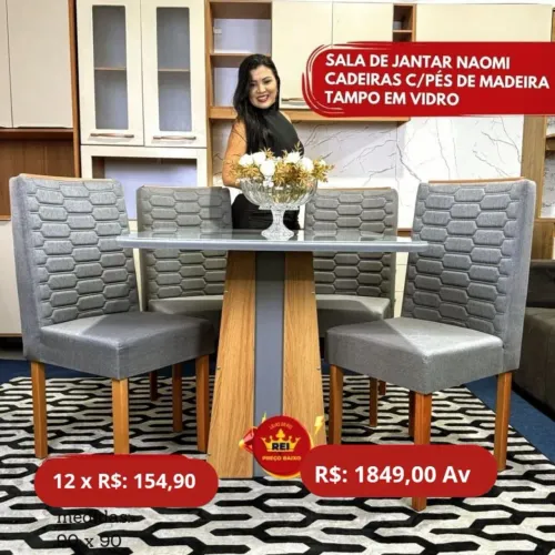 PROMOÇÃO URGENTE - Mesa de Jantar Naomi com Tampão em Vidro 4 CADEIRAS Cinza 