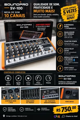 Mesa de Som SoundPro SV-100 10 Canais | Bluetooth + USB | Semi NOVA