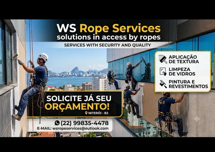 Pintura, revestimento e limpeza de prédios residenciais e comerciais em acesso por cordas