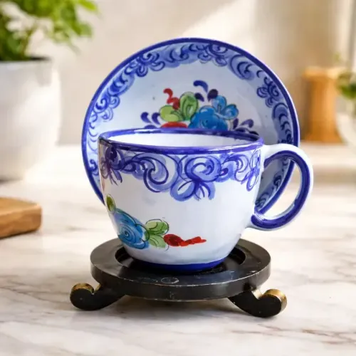Kit xícara e prato cerâmica  tradicional Alcobaça vintage anos 60 azul escuro - decoração 