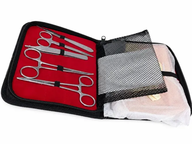 Kit Treino Sutura Cirúrgica Completo com Pele Silicone Instrumentos Fios e Lâminas