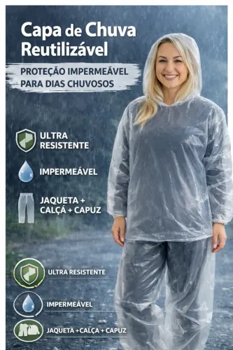 Capa de Chuva Conjunto Transparente com Elástico Jaqueta Calça Capuz Reutilizável Resisten
