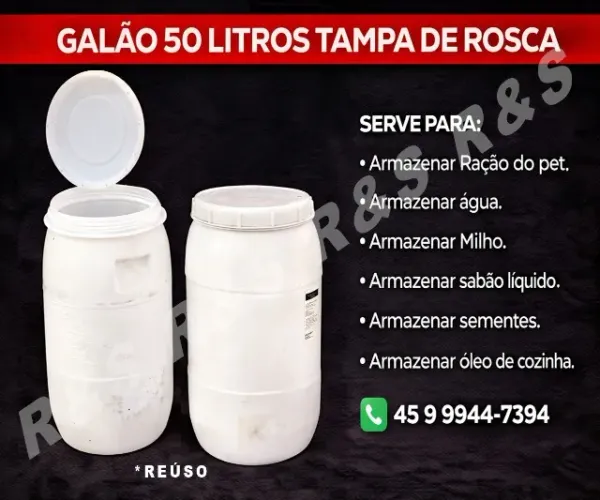 Galao 50 litros tampa de rosca para armazenar