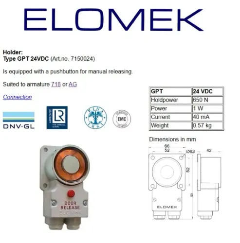 Retentor Magnético Elomek GPT 24VDC Porta Corta-Fogo Naval DNV