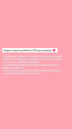 Vaga em apartamento próximo a UFS para meninas