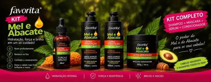 Kit Mel e Abacate Favorita - Shampoo + Condicionador + Máscara + Sérum | Ultra Hidratação
