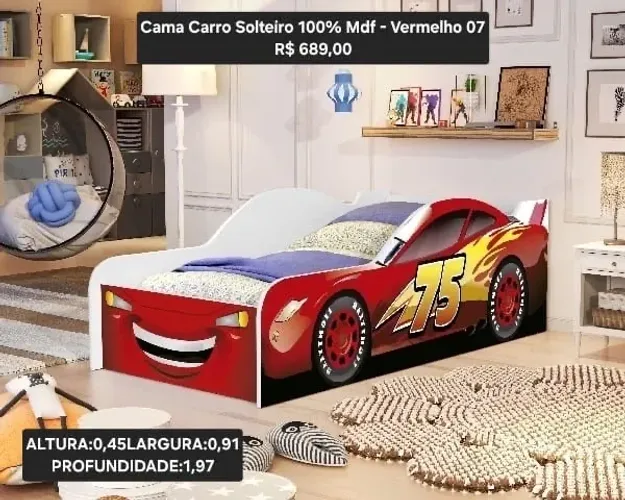 Cama Carro Solteiro 100% Mdf - Vermelho 07