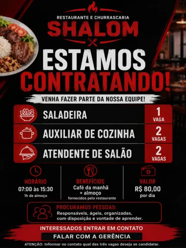 VAGAS DE EMPREGO - RESTAURANTE E CHURRASCARIA SHALOM