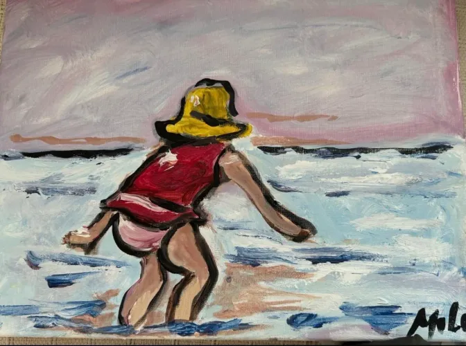 quadro tela em acrílico menino na praia 30x40 milu petersen