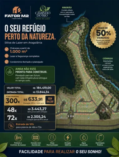 Chacaras 1.000m² parcelas R$633 Sem Balao. Aragoiania GO-040